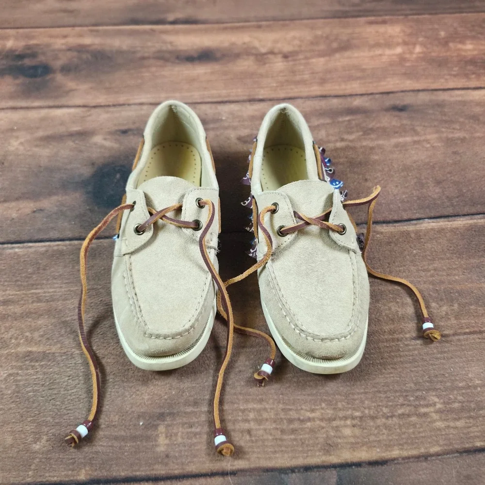 Sebago Docksides Boat Shoes Mens 8.5 Tan Suede Good Bandana Trim Leather Laces